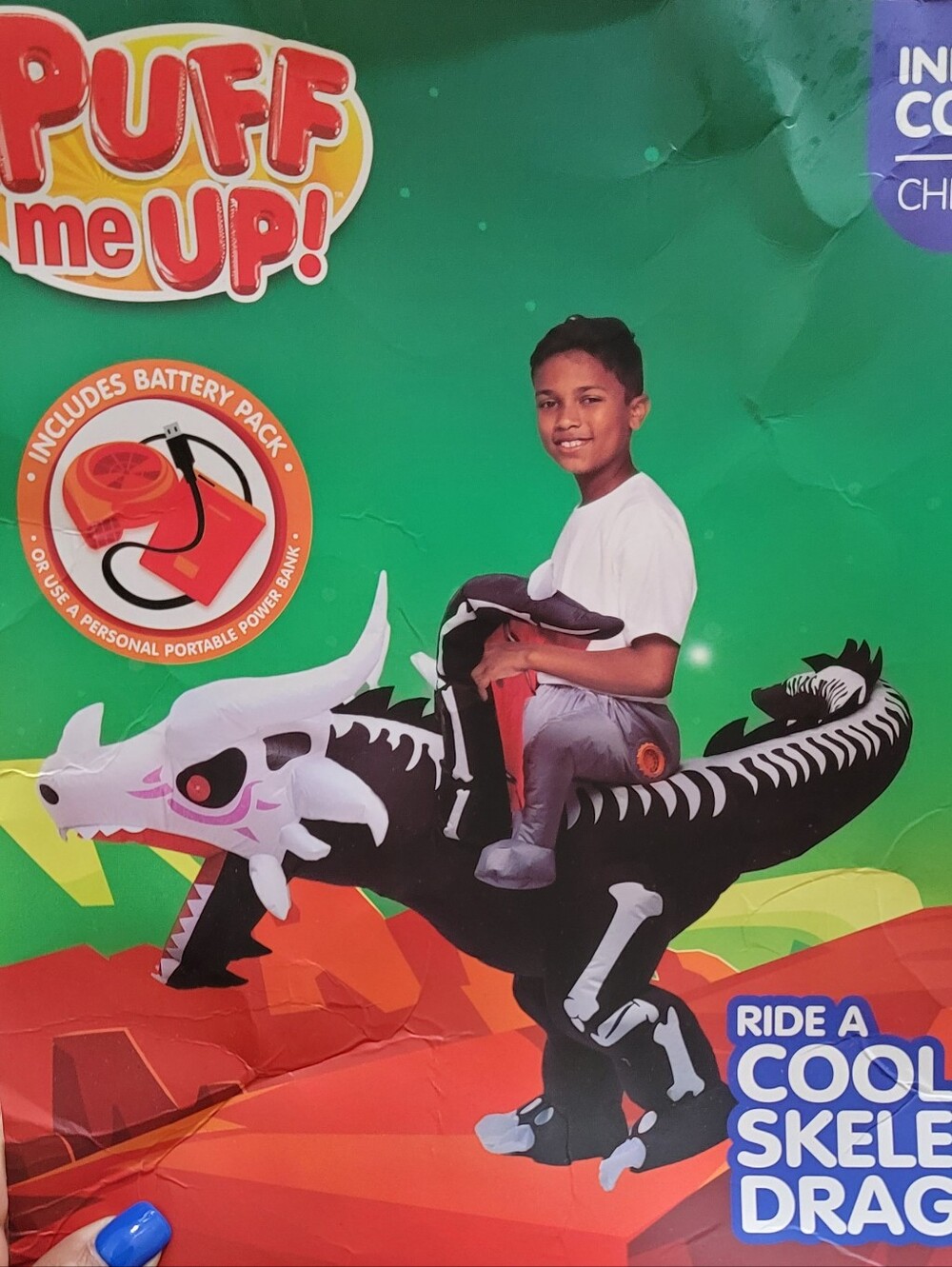 NIB Puff Me Up Ride Cool Skeleton Kids Inflatable Halloween Costume Sz 7-10 Yrs
